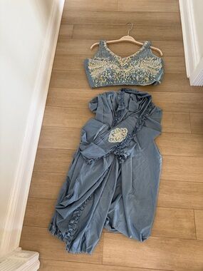 Elegant Dusty Blue Embroidered Women Saree with Matching Blouse Ready Made